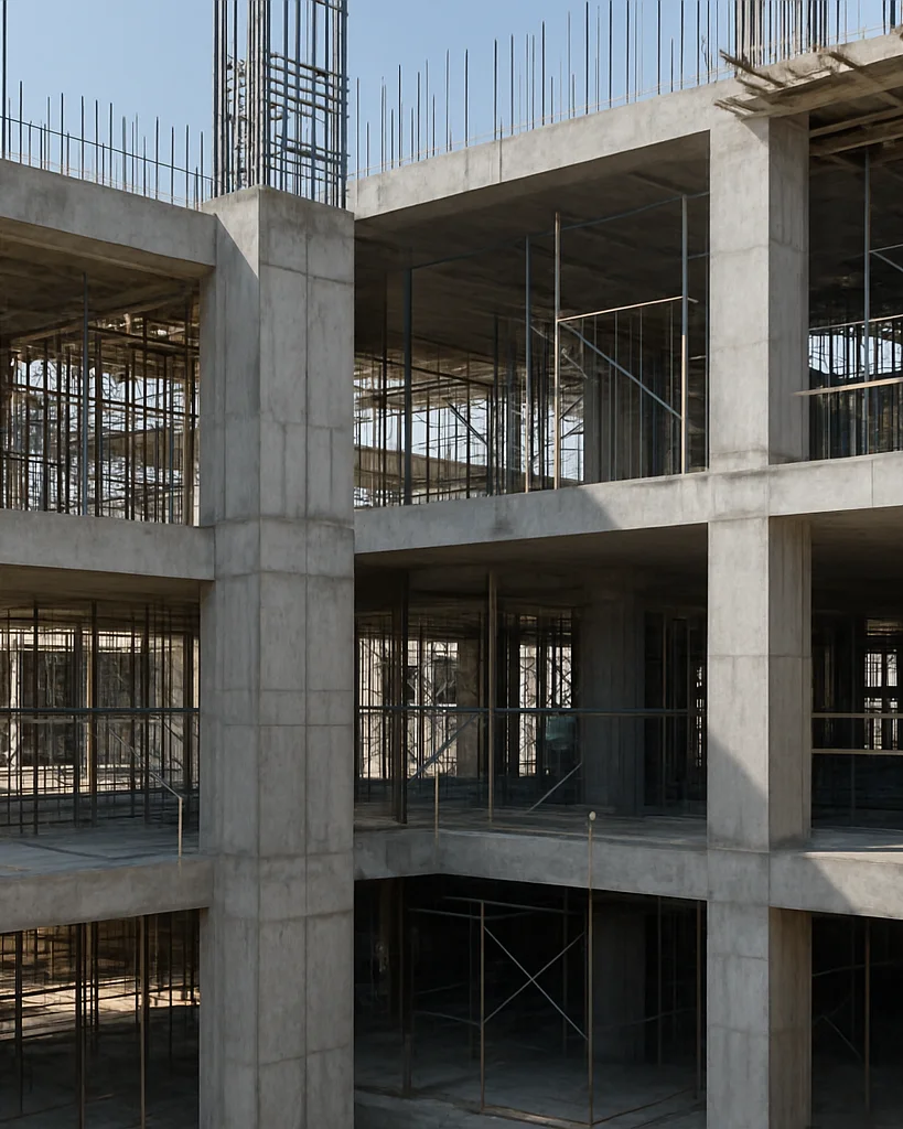 Editorial construction photograph of a reinforced concrete frame under clear natural daylight, visible rebar detailing a