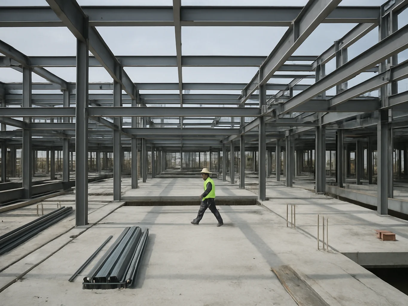 Editorial construction photography, wide daylight view of a steel
