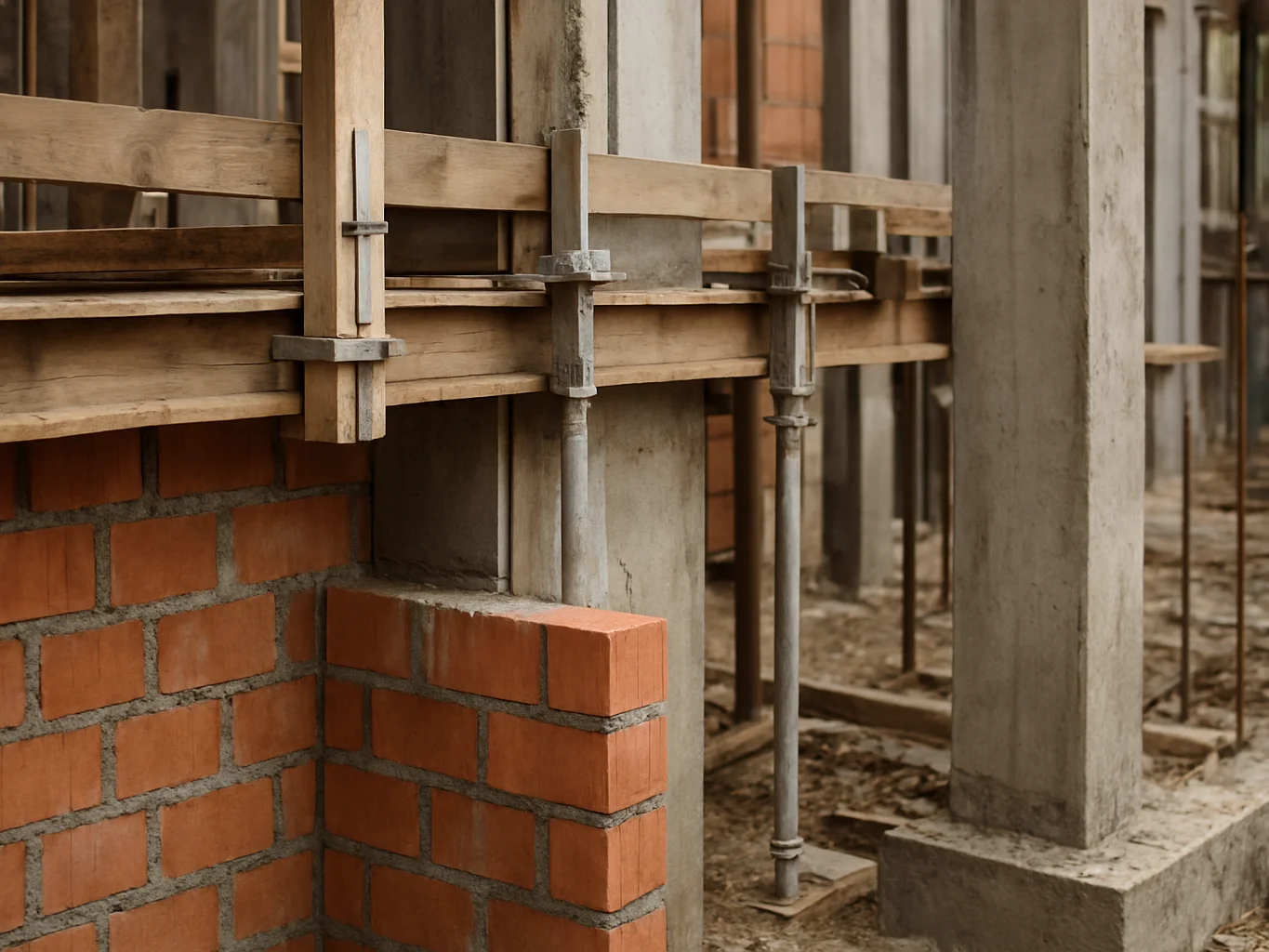Close editorial detail of masonry and structural formwork on a bu