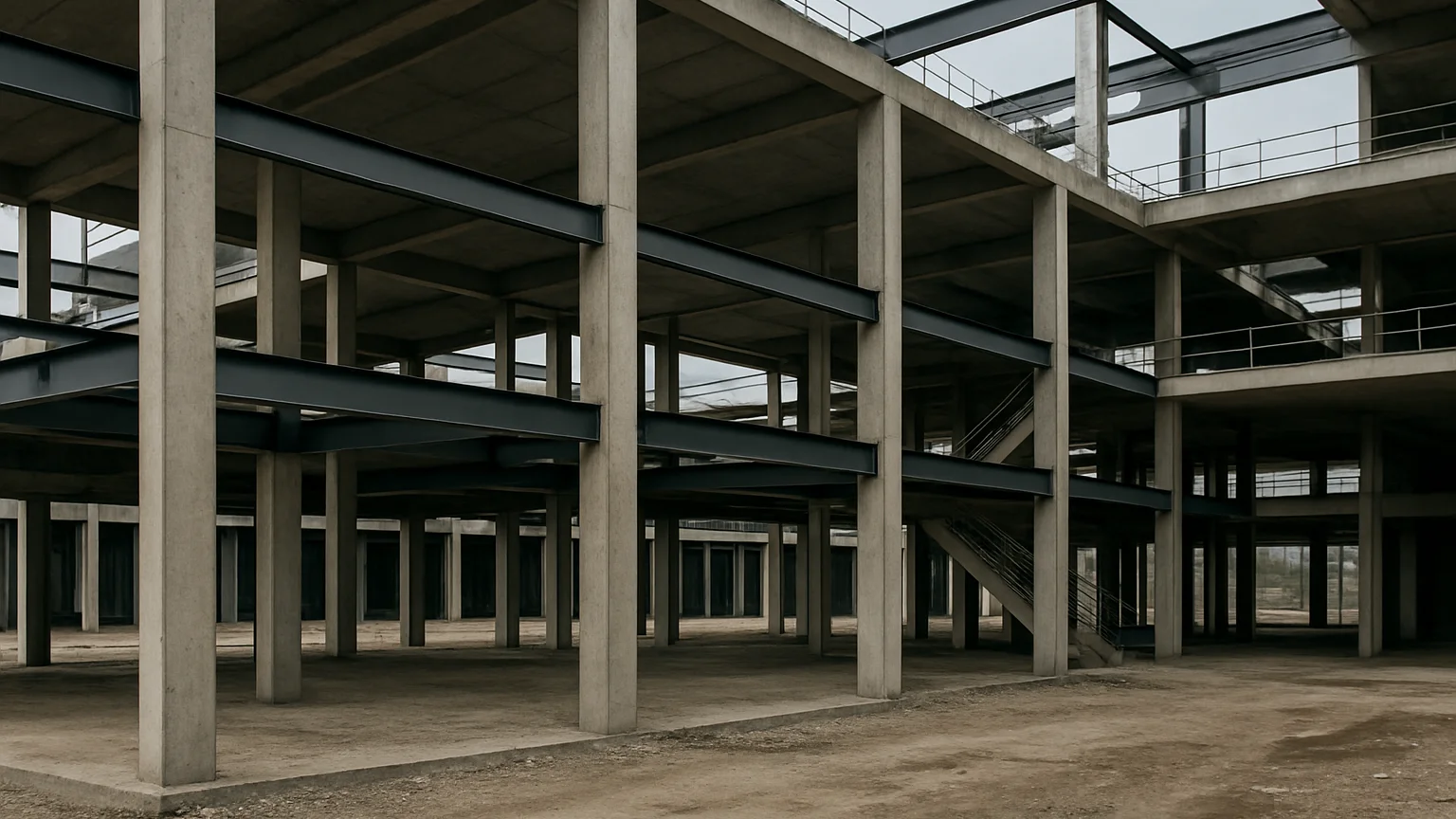 Editorial construction photography, 35mm lens, clear natural daylight: wide architectural view of an active building str
