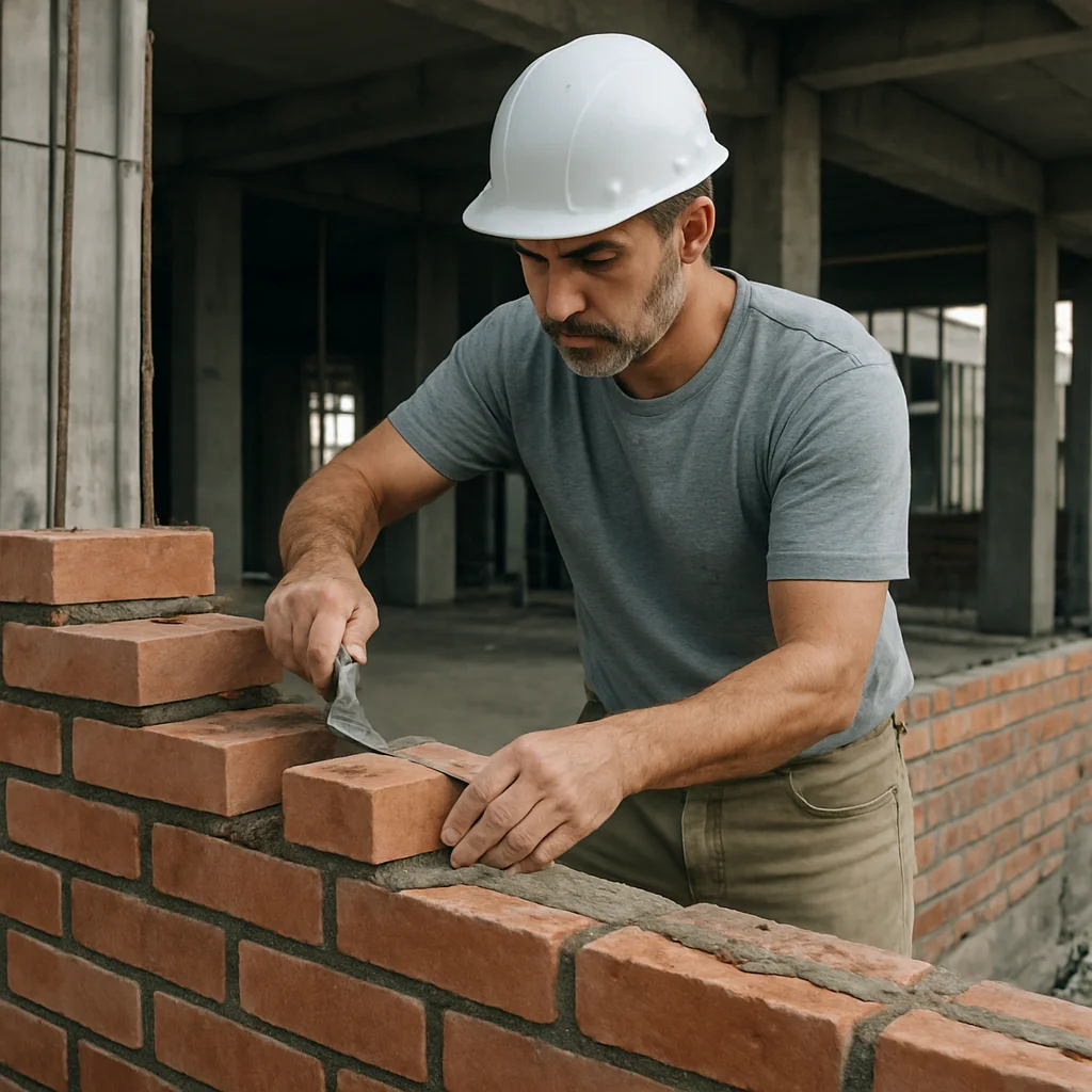 Editorial construction photography, natural daylight: a mason lay