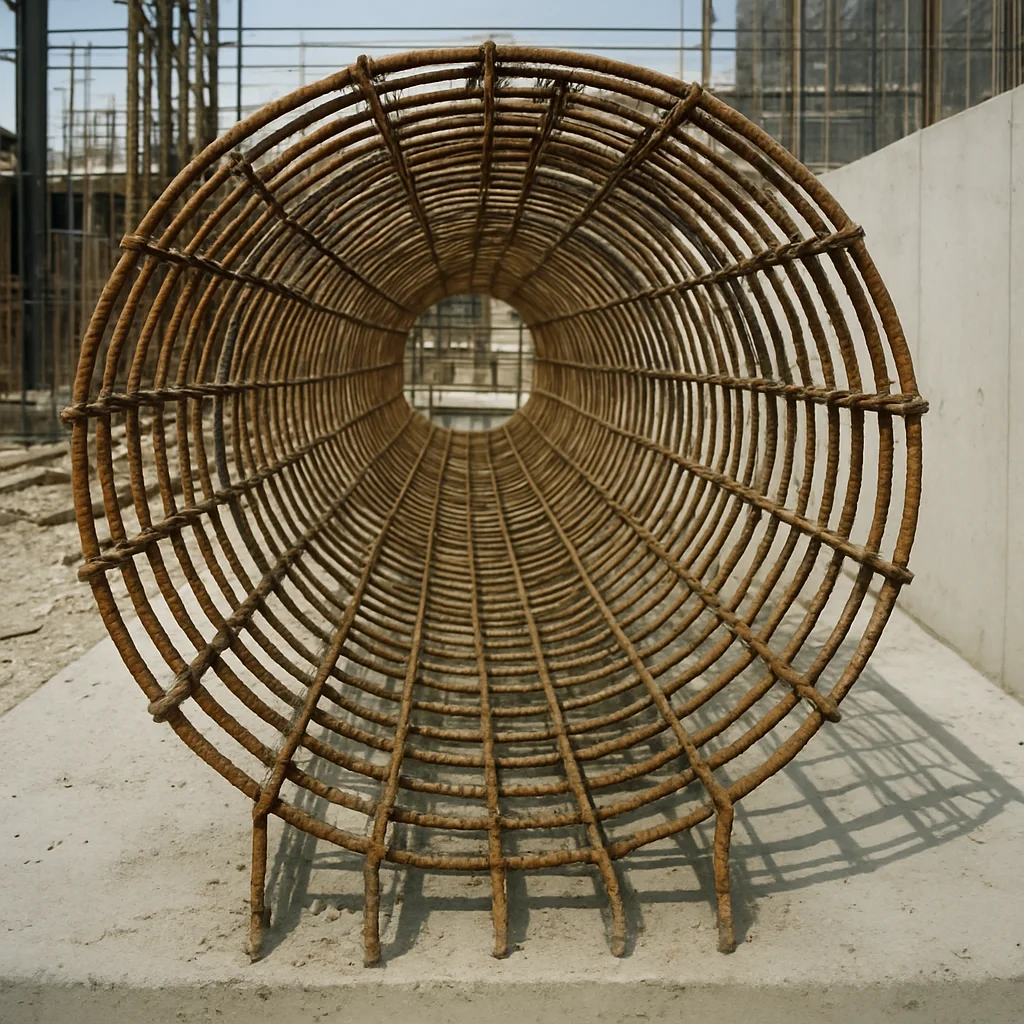 Editorial construction photography, 35mm lens: rebar cage tied an