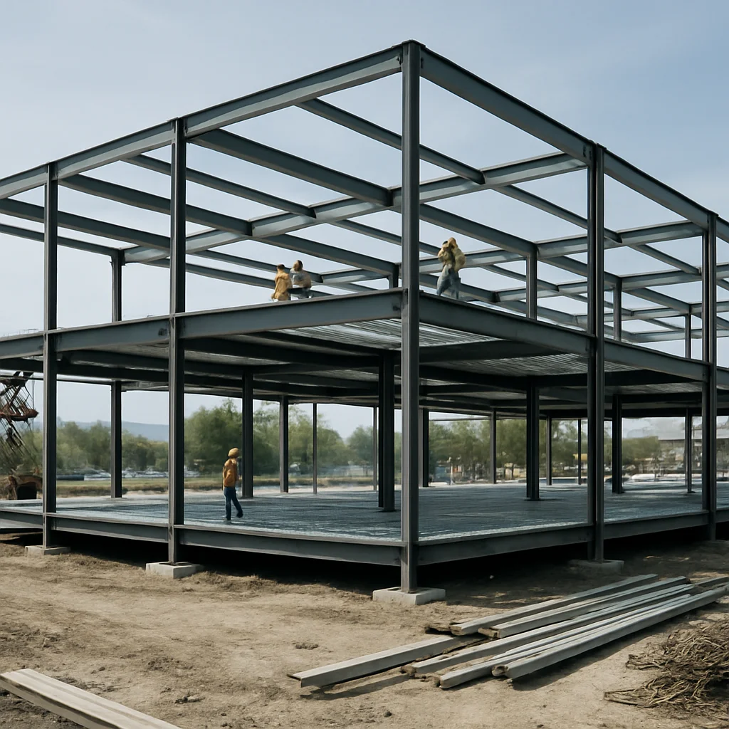 Editorial construction photography, clear natural daylight: wide